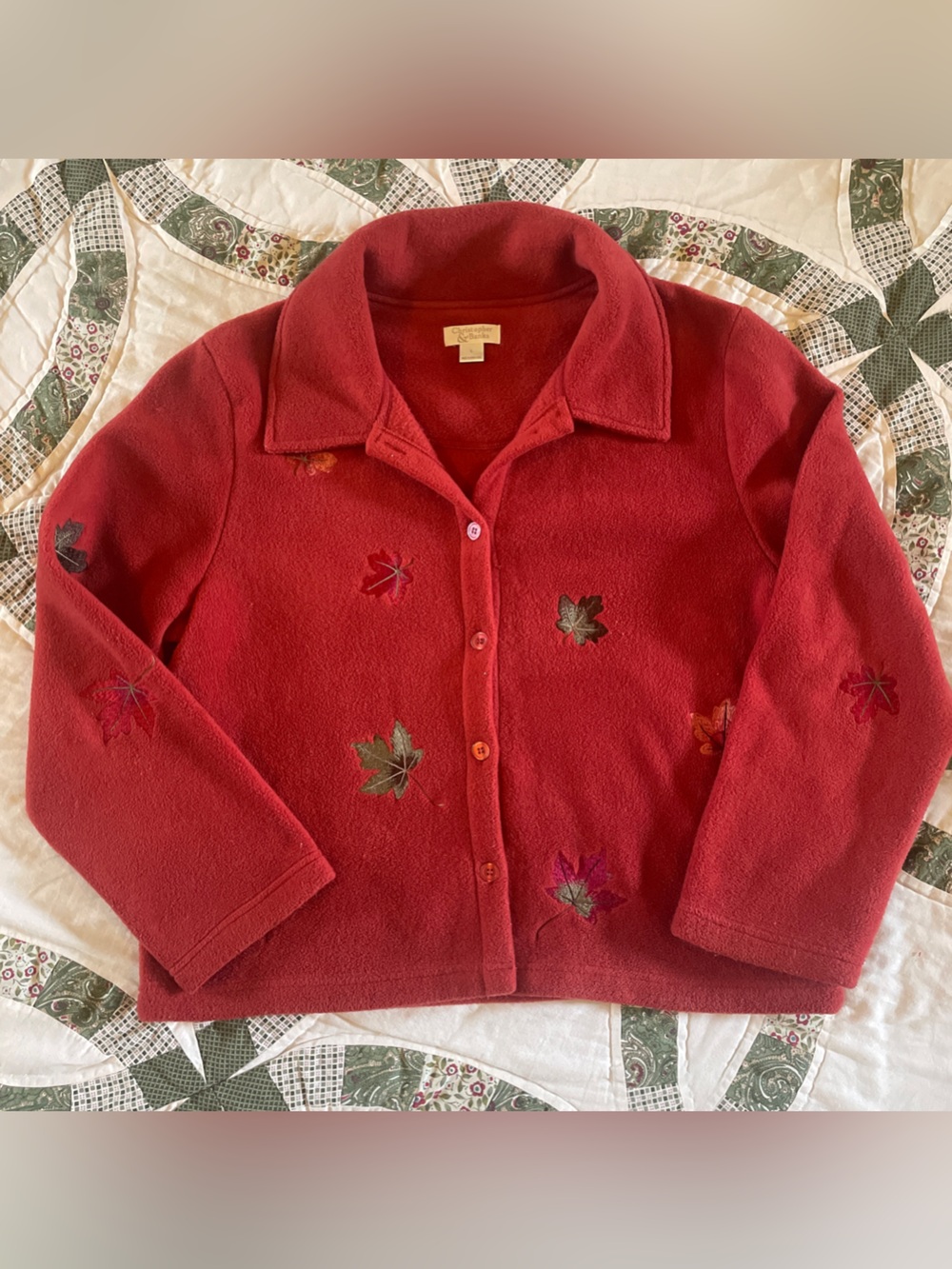 Vintage 90s Christopher & Banks Embroidered Fleece Fall Leaf Red Cottage Large